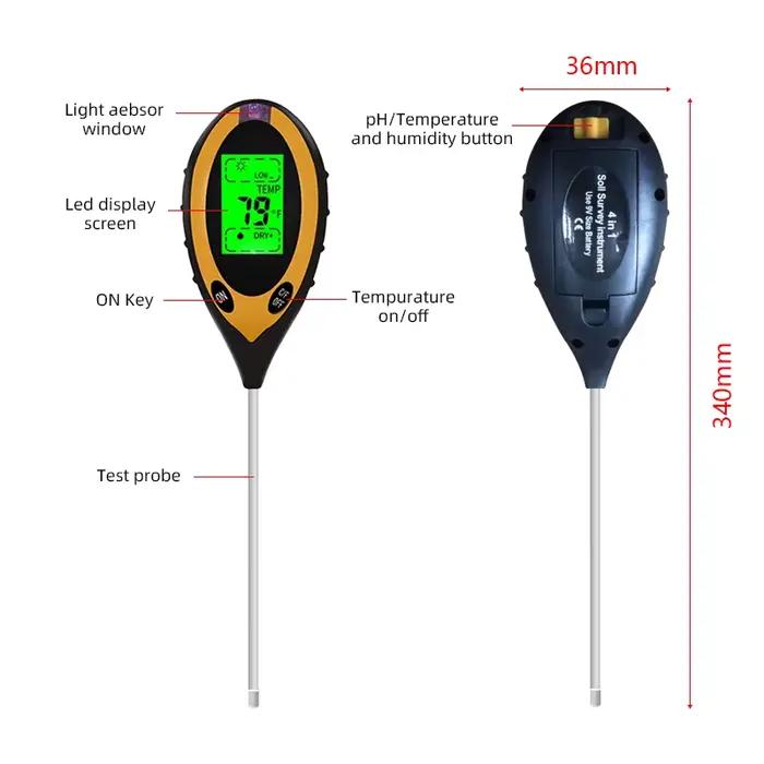 Testeur de sol 4 en 1 pour pH, humidité, température et lumière solaire pour jardiniers et paysagistes