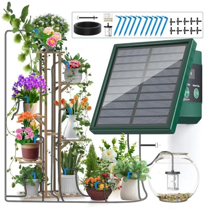 Kit d'arrosage goutte-à-goutte solaire automatique robuste pour jardin, balcon et bricolage occasionnel usage intérieur et extérieur