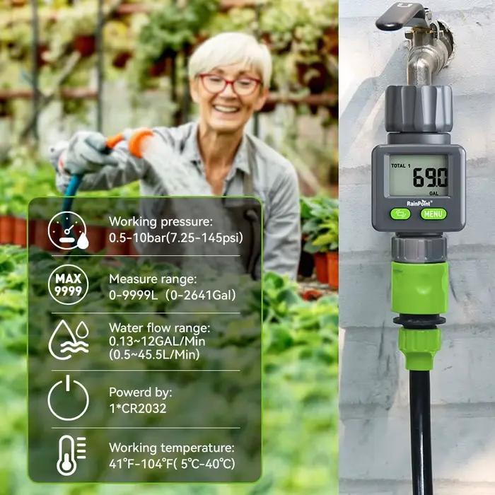Débitmètre d'eau JOEKOL pour mesurer la consommation d'eau en gallons/litres et débit pour arrosage de jardin et remplissage de réservoir de camping-car occasions spéciales