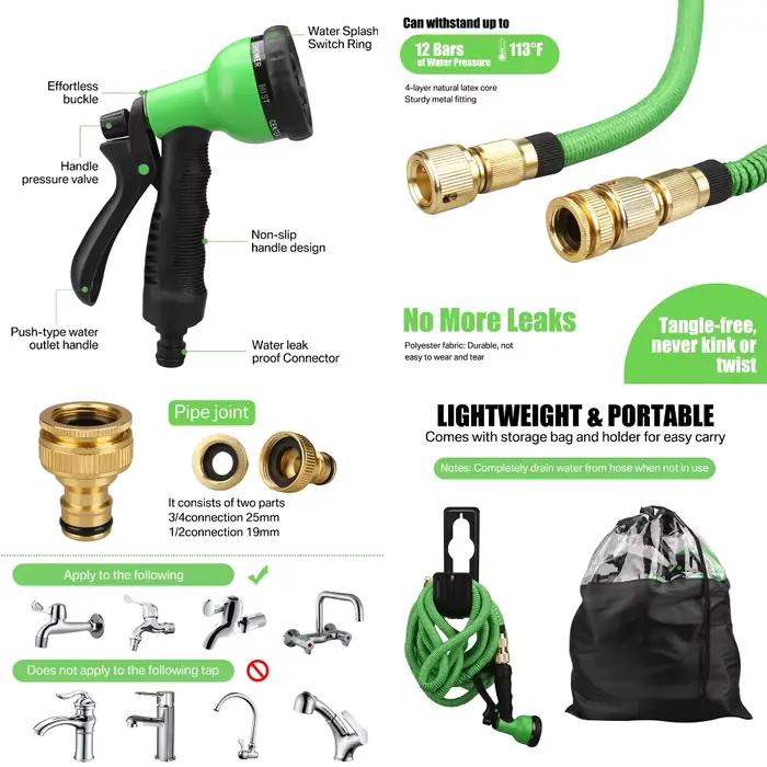 Tuyau d'eau extensible avec connecteur métallique pour jardin, flexible et facile à rembobiner pour arrosage et lavage de voiture