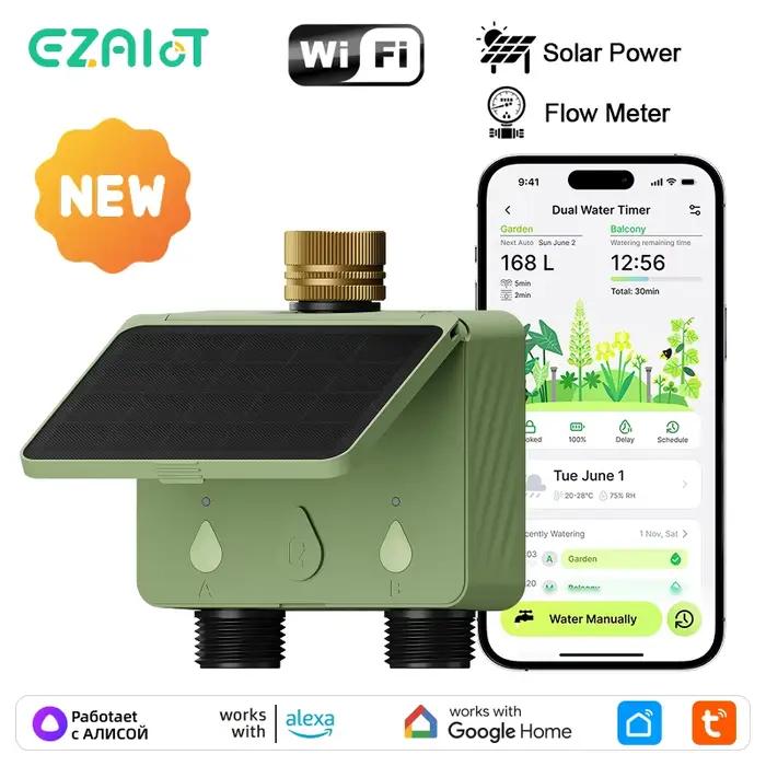 Programmateur d'arrosage intelligent WiFi Tuya pour jardin, 2 zones, contrôle d'irrigation automatique, compteur de débit solaire, arrosage par volume et par temps, alimentation solaire, jardins familiaux, cultures de légumes, serres, fermes, arbres du jardin
