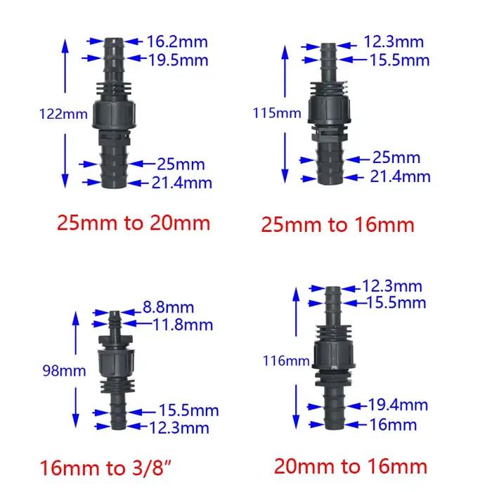 Tuyau d'arrosage 25mm à 16mm à 20mm, connecteur à barbe réducteur 1 "à 1/2 à 3/4 PE, connecteur de t