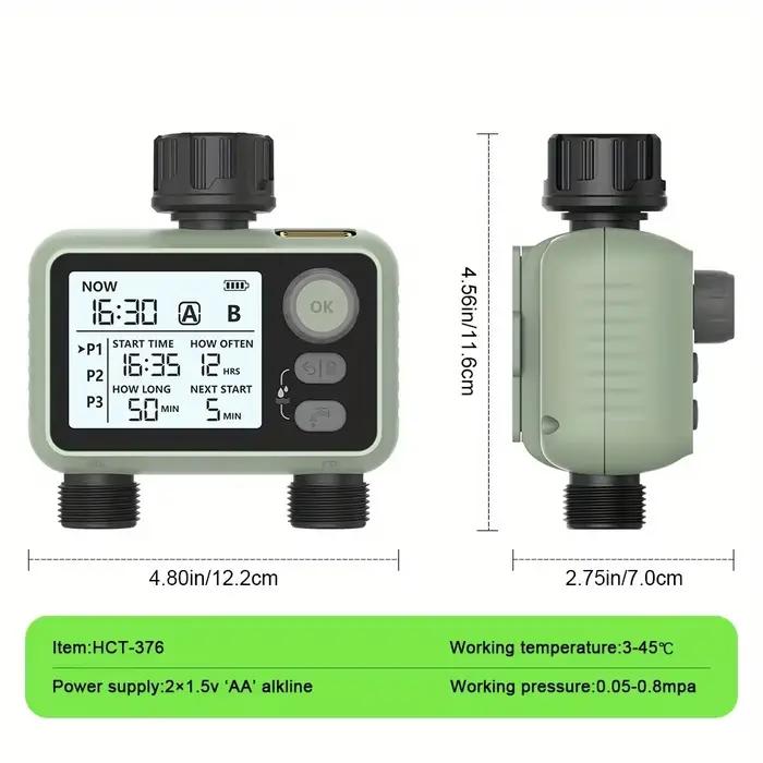 Programmateur d'arrosage de jardin Eshico HCT-376 à 2 sorties avec capteur de pluie intelligent et commande par bouton