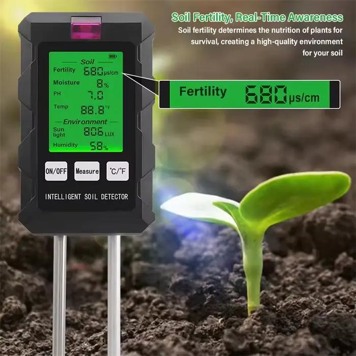 Nouveau 6 en 1 Testeur de Sol pour Mesurer Fertilité du Sol pH Température Humidité Ensoleillement Humidité de l'Air Jardinage Occasions Spéciales