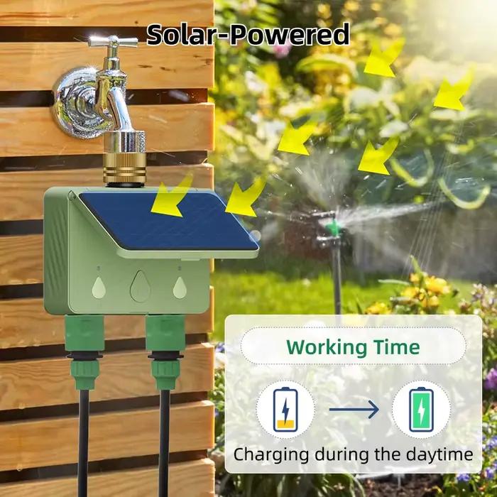 Programmateur d'arrosage intelligent WiFi Tuya pour jardin, 2 zones, contrôle d'irrigation automatique, compteur de débit solaire, arrosage par volume et par temps, alimentation solaire, jardins familiaux, cultures de légumes, serres, fermes, arbres du jardin
