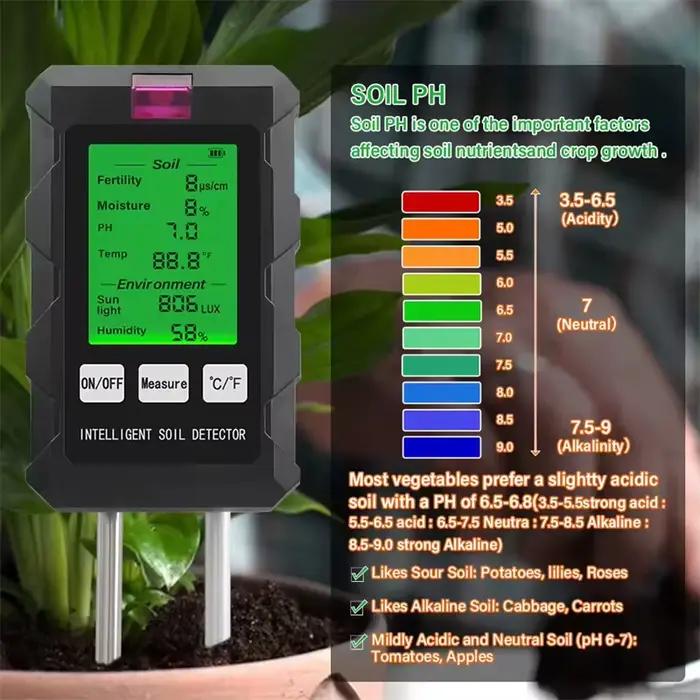 Nouveau 6 en 1 Testeur de Sol pour Mesurer Fertilité du Sol pH Température Humidité Ensoleillement Humidité de l'Air Jardinage Occasions Spéciales
