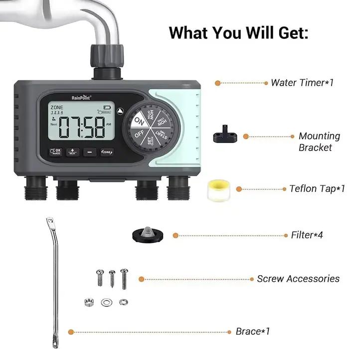 Minuterie d'arrosage programmable JOEKOL pour jardin, pelouse, plantes et piscine, contrôle de 4 zones, interruption différentielle, écran LCD clair
